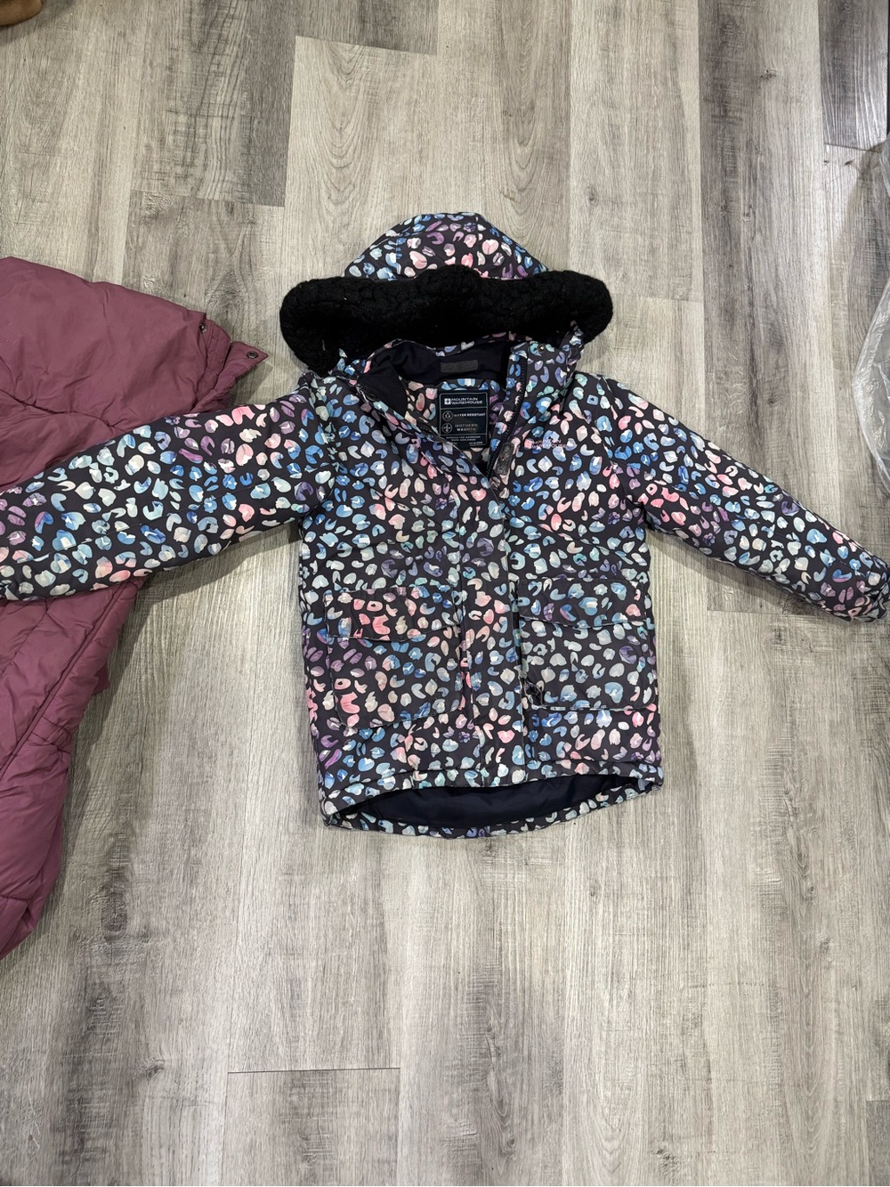 Mountain Hardwear Kids Puffer Jacket — Black with Pink, Blue, Purple Prints